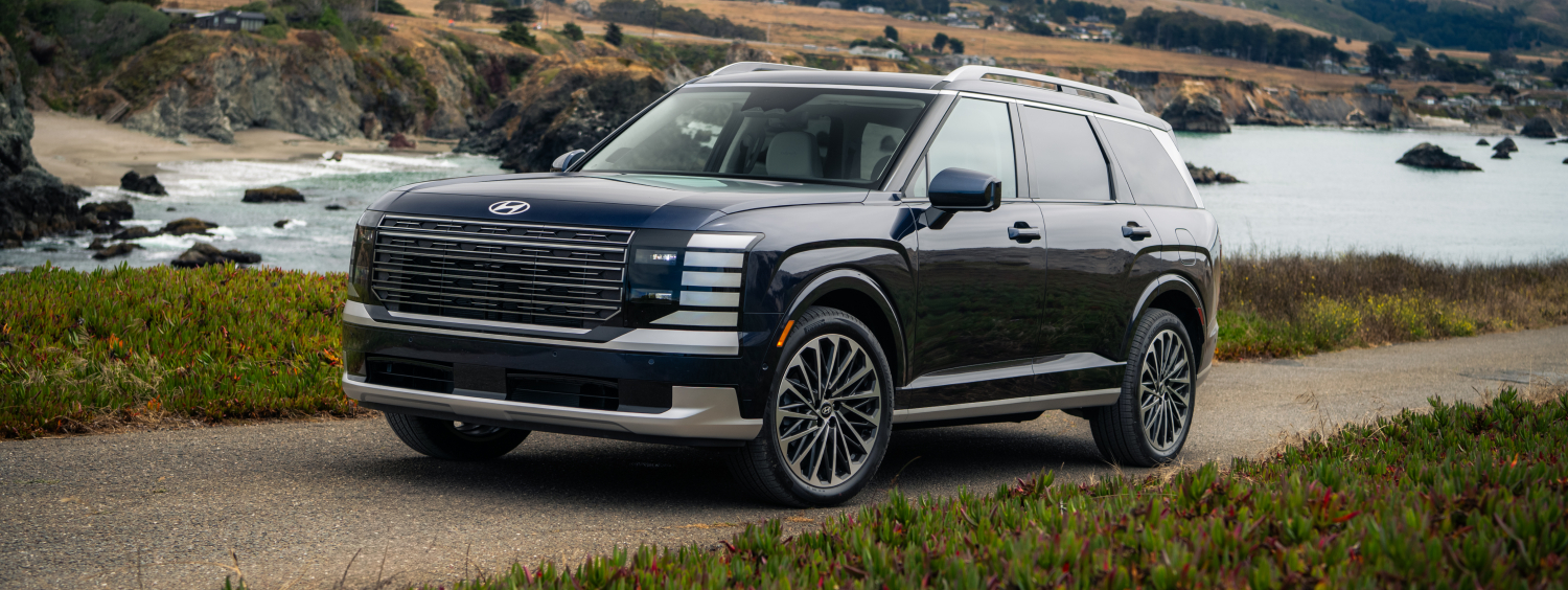 Black Hyundai Palisade three-row SUV parked on a coastal road